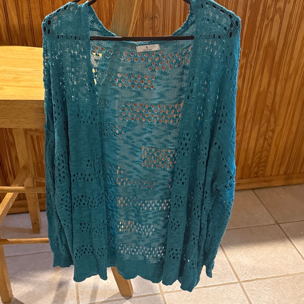 Open-Knit Teal Women's Cardigan Sweater